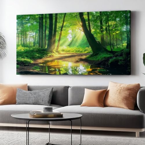 Leinwandbild Fantasy Forest Creek Druck, grün-goldener Leinwanddruck Poster, 100 x 70 cm für Wohnzimmer Schlafzimmer Home Office Wanddekoration Gemälde ohne Rahmen von Wmmner