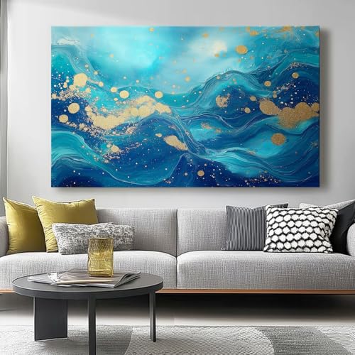 Leinwandwandbild Blau Gold Moderne Wohnkultur, Abstrakte Wellen Gemälde Druck Leinwandwandbild, 70 x 50 cm fertig zum Aufhängen für Wohnzimmer Schlafzimmer Badezimmer Wände Dekoration ohne Rahmen von Wmmner