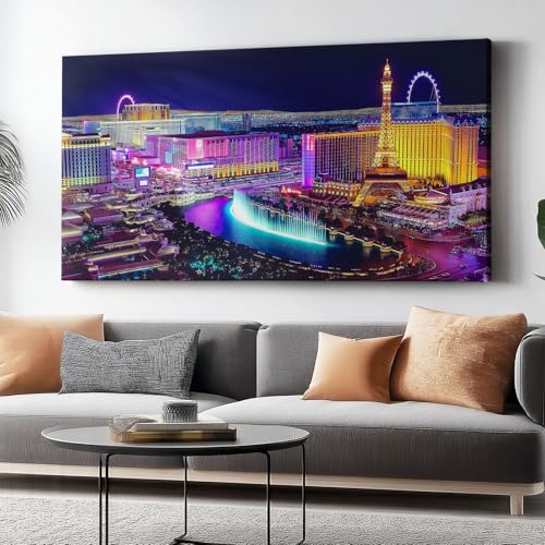Leinwandwandbild Fantasie-Stadtnachtszene Druck, lila-goldener Leinwanddruck Poster, 80 x 60 cm für Wohnzimmer, Schlafzimmer, Home Office Wanddekoration Gemälde ohne Rahmen von Wmmner