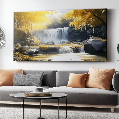 Leinwandwandbild Gold Weiß Moderne Wohnkultur, Waldlandschaft Wasserfall Druck Leinwandwandbild, 91 x 61 cm fertig zum Aufhängen für Wohnzimmer Schlafzimmer Badezimmer Wanddekoration ohne Rahmen von Wmmner