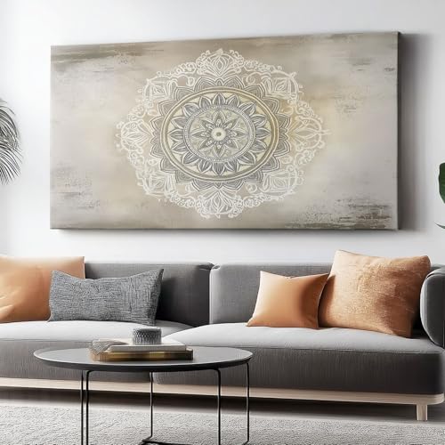 Leinwandwandbild Mandala-Aquarell-Blumenmusterdruck, weiß-hellgrau, Wanddekoration für Schlafzimmer, Poster, für Schlafzimmer, Home Office, Dekoration, 91 x 61 cm Leinwandwandbild (ohne Rahmen) von Wmmner