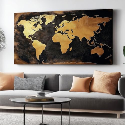 Leinwandwandbild Vintage-Karte Strukturdruck, schwarz-goldener Leinwanddruck Poster, 80 x 60 cm für Wohnzimmer Schlafzimmer Home Office Wanddekoration Gemälde ohne Rahmen von Wmmner