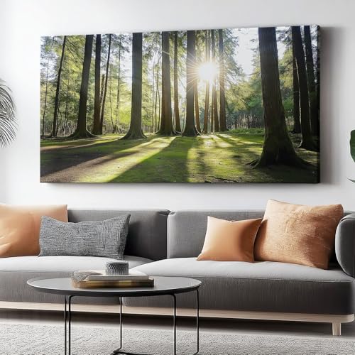 Leinwandwandbild Waldbäume Sonnenschein Druck, grün-goldener Leinwanddruck Poster, 80 x 60 cm für Wohnzimmer Schlafzimmer Home Office Wanddekoration Gemälde ohne Rahmen von Wmmner