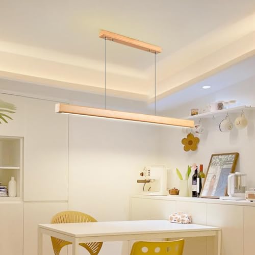 Moderne Hängelampe Holz Esszimmerlampe LED Pendelleuchte Esstisch Dimmbare Linear Design Pendelleuchte mit Fernbedienung Esstischlampe hängend höhenverstellbar für Esszimmer (Holz L120cm) von Wmmner