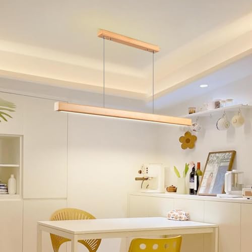 Moderne LED Holz Pendelleuchte Dimmbare Lineare DesigN Hängelampe mit Fernbedienung Höhenverstellbares Esszimmerlicht für Tisch (80 cm) von Wmmner