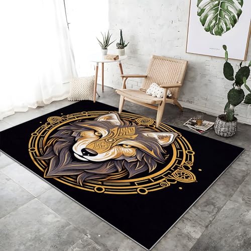 Schwarz-goldene Teppiche für das Wohnzimmer, Tiere Wolf Lines-Motiv, weicher Flanell, niedriger Flor, rutschfest, waschbar, leicht zu reinigen, für Schlafzimmer, Büro, Esszimmer, Teppich 60 x 90 cm von Wmmner