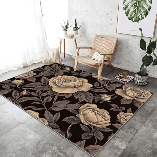 Teppich rutschfest waschbar 60 x 90 cm, bronzefarben schwarz weich rutschfest schmutzabweisend handgezeichneter Blumenrosenprint Teppich, für Schlafzimmer Büro Küche Eingangsbereich Teppich Teppich rutschfest waschbar 60 x 90 cm, bronzefarben schwarz weich rutschfest schmutzabweisend handgezeichneter Blumenrosenprint Teppich, für Schlafzimmer Büro Küche Eingangsbereich Teppich von Wmmner