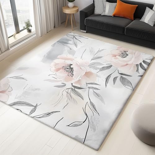 Teppich rutschfest waschbar 60 x 90 cm, hellrosa grau weich rutschfest schmutzabweisend moderner Teppich mit Wasserfarben-Pfingstrosenmuster, für Schlafzimmer Büro Küche Flur Teppich rutschfest waschbar 60 x 90 cm, hellrosa grau weich rutschfest schmutzabweisend moderner Teppich mit Wasserfarben-Pfingstrosenmuster, für Schlafzimmer Büro Küche Flur von Wmmner