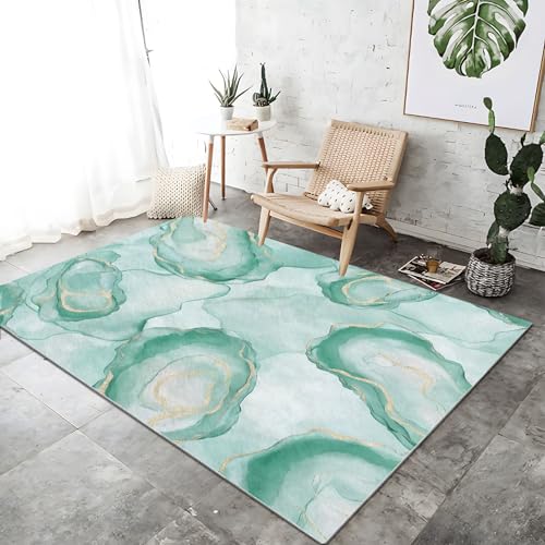 Teppich rutschfest waschbar 80 x 150 cm, hellgrün-goldfarbener weicher rutschfester fleckenabweisender Teppich mit abstraktem Wasserfarben-Print, für Schlafzimmer, Büro, Küche, Flur von Wmmner