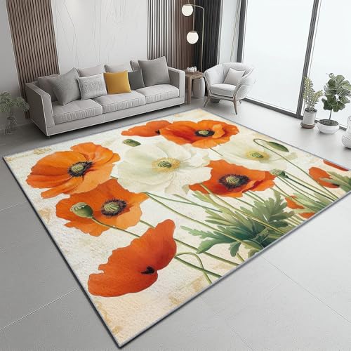 Teppiche Anti-Rutsch Flauschig, Orange Weiß Weich Ultradünn Rutschfest Fleckenabweisend Ölgemälde Mohnblumen Blumen Druck Teppiche, für Wohnzimmer Schlafzimmer Esszimmer Eingangsbereich 140 x 200 cm von Wmmner