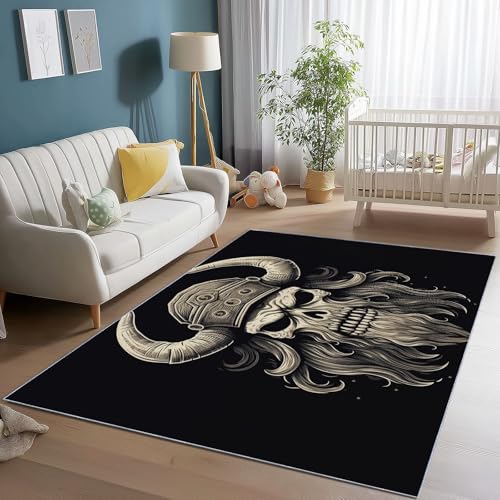 Teppiche für Schlafzimmer 140 x 200 cm, kurzflorig, weich, aus Flanell, schwarz-hellgrau, waschbar, rutschfest, mit Wikinger-Totenkopf-Motiv, Teppich für Wohnzimmer und Esszimmer Teppiche für Schlafzimmer 140 x 200 cm, kurzflorig, weich, aus Flanell, schwarz-hellgrau, waschbar, rutschfest, mit Wikinger-Totenkopf-Motiv, Teppich für Wohnzimmer und Esszimmer von Wmmner