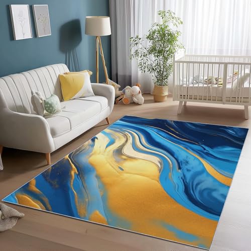 Teppiche für Schlafzimmer 60 x 90 cm, kurzflorig, weicher Flanell, blau-goldene Teppiche für das Wohnzimmer, waschbar, rutschfest, mit abstraktem Marmorprint, für Wohn- und Esszimmer von Wmmner