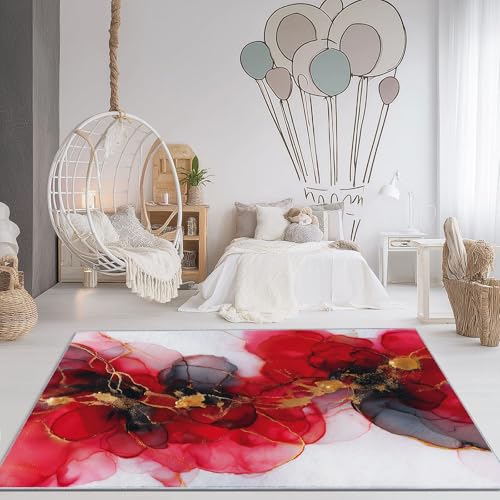 Waschbare Teppiche 60 x 90 cm, weiche Flanell-Teppiche mit rutschfester, schmutzabweisender, flachflorigem Flor und rot-goldenem Print, abstraktes Tinten-Motiv, Teppich für Schlafzimmer und Esszimmer Waschbare Teppiche 60 x 90 cm, weiche Flanell-Teppiche mit rutschfester, schmutzabweisender, flachflorigem Flor und rot-goldenem Print, abstraktes Tinten-Motiv, Teppich für Schlafzimmer und Esszimmer von Wmmner