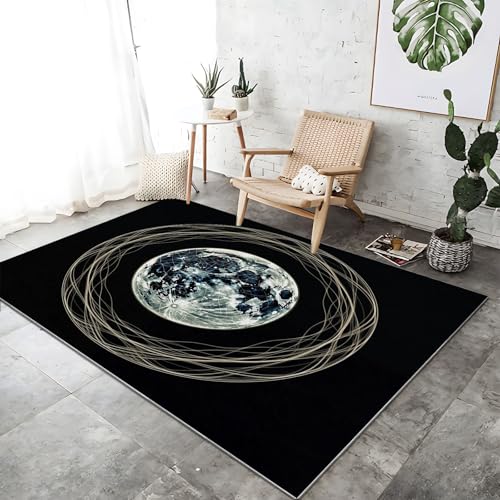 Waschbarer, nicht fusselnder Teppich, blau-silber, rutschfest, weich, kurzflorig, Shaggy, Astronomie-Motiv mit Mondlinien, 160 x 230 cm, Teppich für das Home Office oder den Esszimmer von Wmmner