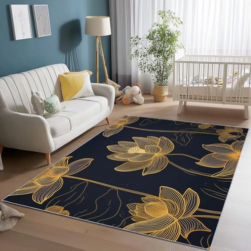 Waschbarer, rutschfester Teppich 120 x 170 cm, weicher, flacher, fusselfreier Teppich in Schwarz und Gold – Teppich mit orientalischem Lotus-Print für Schlafzimmer, Kinderzimmer und Esszimmer von Wmmner