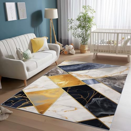Waschbarer, rutschfester Teppich 140 x 200 cm, weicher, flacher Flor, fusselfrei, goldgrau – Teppich mit abstraktem Marmor-Dreiecksmuster für Schlafzimmer, Kinderzimmer, Esszimmer von Wmmner