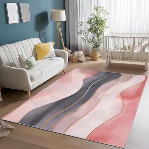 Waschbarer, rutschfester Teppich 60 x 90 cm, weicher, flacher Flor, fusselfrei, rosa-grau – Teppich mit abstraktem, geometrischem Wellenmuster für Schlafzimmer, Kinderzimmer, Esszimmer Waschbarer, rutschfester Teppich 60 x 90 cm, weicher, flacher Flor, fusselfrei, rosa-grau – Teppich mit abstraktem, geometrischem Wellenmuster für Schlafzimmer, Kinderzimmer, Esszimmer von Wmmner