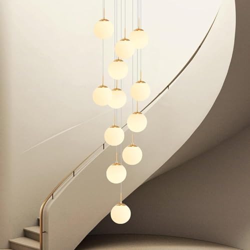 Wmmner 12 Kugel Weiß Milch Glas Lange Kronleuchter Treppe Foyer Hohe Decken Hängelampe Mid Century Pendelleuchte, Pendelleuchte/Gold/Warmes Licht Ulz 000263 Weißes Licht von Wmmner