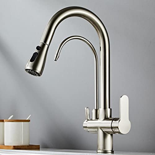 Wmmner 3-Wege-Küchenarmatur Mit Herausziehbarem Spray Messing 360° Rotation Gerades Trinkwasser Kalt- Und Warmwasser Multifunktions 3-Wege-Wasserhähne Für Küchenspüle-Gold von Wmmner