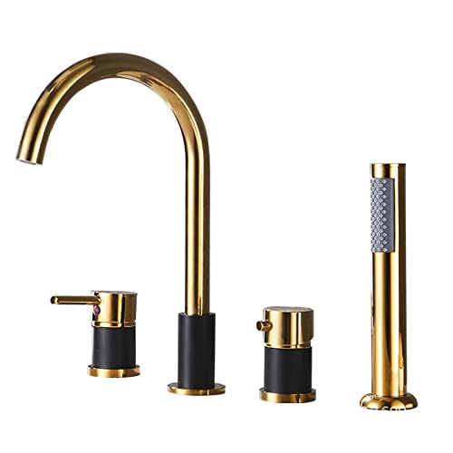 Wmmner 4-Loch Badewanne Wasserhahn Set Mit Handbrause Schwarz Bad Mischbatterie Dusche Kit Fürmoderne Badezimmer Stilvolle Und Funktionale Badewannen-Armaturen./Gold+Schwarz/Griffschalter von Wmmner