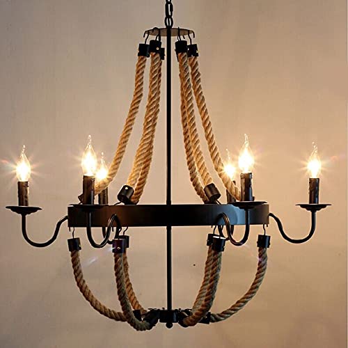 Wmmner 6-Light Farmhouse Chaner Hemp Rope Hanging Ceiling Swag Lamp Rustic Black Light, Round Candelabra Chaners Vintage Lantern Suspende Lamps For Dining Room von Wmmner