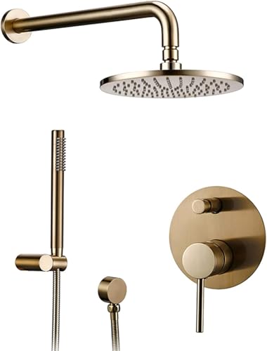 Wmmner Duscharmatur-Set Gebürstetes Gold, Messing-Duschsystem Wandmontage, Messing-Umsteller-Mischerhahn, Duschkopf Mit Handbrause, 10In (8 Zoll)/12 Zoll von Wmmner