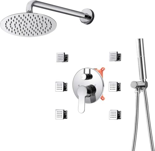 Wmmner Duschkörper-Sprays-Systeme 10-Zoll-Regen-Duschkopf Mit 6 Körpersprays Und Handbrause 3-Funktions-Regenmischer Duschset Chrom, a/C/a Wmmner Duschkörper-Sprays-Systeme 10-Zoll-Regen-Duschkopf Mit 6 Körpersprays Und Handbrause 3-Funktions-Regenmischer Duschset Chrom, a/C/a von Wmmner