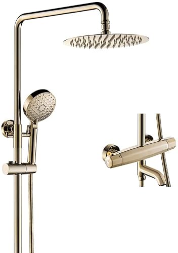 Wmmner Duschset, Goldtatische Drei-Funktionen Wand-Duschset Messing Badewanne Umlenker Mischbatterien Mit 8 Zoll Regen Duschkopf Und Handbrause, Luxus-Duschsystem von Wmmner