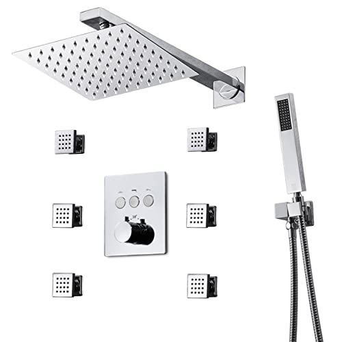 Wmmner Duschsystem, 10 Zoll Regenmischer Duscharmatur Set Quadratisches Chrom Messing Regenfall Duschkopf Mit6 Körpersprühdüsen Und Handbrause, Rough-In-Ventil Und Verkleidung Wmmner Duschsystem, 10 Zoll Regenmischer Duscharmatur Set Quadratisches Chrom Messing Regenfall Duschkopf Mit6 Körpersprühdüsen Und Handbrause, Rough-In-Ventil Und Verkleidung von Wmmner