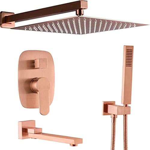 Wmmner Duschsystem, Wandhalterung Gebürstetes Roségold Badezimmer Messing 10-12 Zoll Regendusche Wasserhahn System Mixer-Set Mit Handbrause Und Badewannenahähnen, Luxus-Duschset, 12 Zoll von Wmmner
