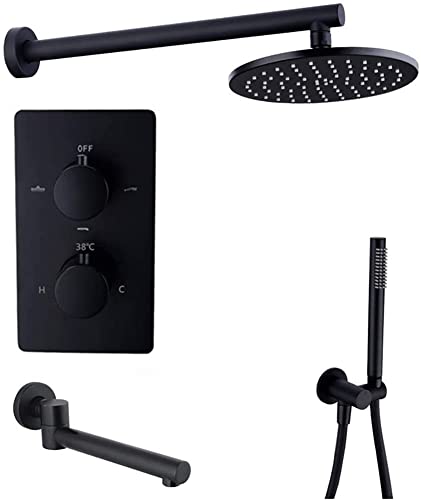 Wmmner Duschsystem,Tatisches Messing Schwarz Wandmontiertes Duschset Mit 8-12" Badezimmer Regendusche Faucet-Set Und Handbrause Und Badewannenhähne, Luxus-Duschset, 10 Zoll von Wmmner