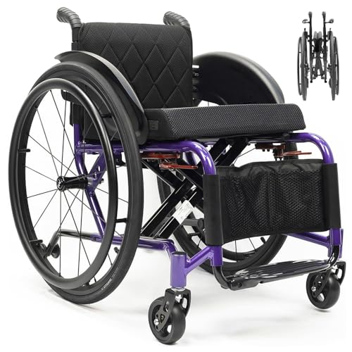 Wmmner Ergonomisch All-Terrain Sport Leichter Rollstuhl - Verstellbare Fußstütze Und Sitzhöhe, Einfach Zu Montierende Stabile Handbremsen Schnellverschluss-Hinterräder Und Anti-Tip-Räder von Wmmner