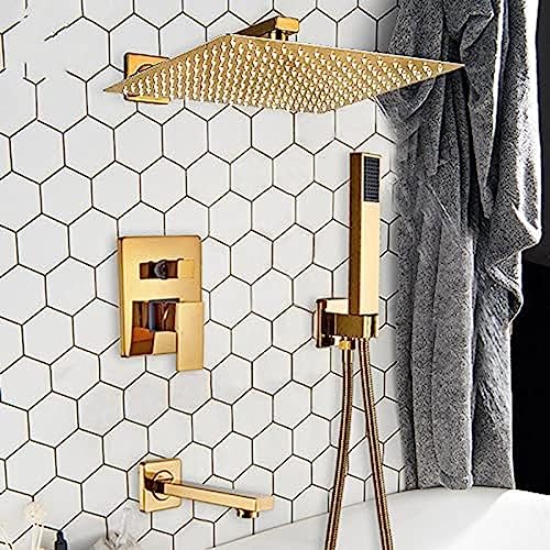 Wmmner Gold Bathroom Fcet Set - Wandmontierter Duschmischer, 12" Regenduschekopf, Verstellbare 8" & 10" Handbrause, Luxuriöses Bad Fcet Für Moderne Badezimmer von Wmmner