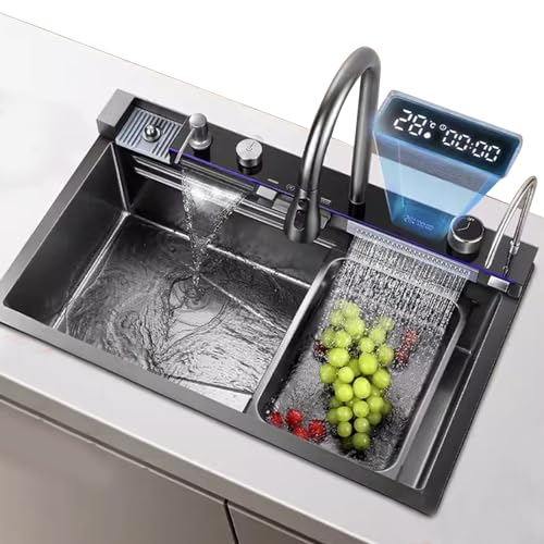Wmmner Große Wasserfall-Küchenspüle Aus Edelstahl Mit Temperaturanzeige, Einzelschüssel-Design, Komplettes Zubehör Enthalten (75X45X22Cm) - Modernes Und Funktionales Upgrade Für Ihre Küche/80*45*22Cm/ von Wmmner