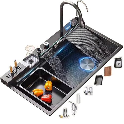 Wmmner Große Wasserfall-Küchenspüle Aus Edelstahl Mit Temperaturanzeige, Einzelschüssel-Design, Komplettes Zubehör Enthalten (75X45X22Cm) - Modernes Und Funktionales Upgrade Für Ihre Küche/88*48*23Cm/ von Wmmner