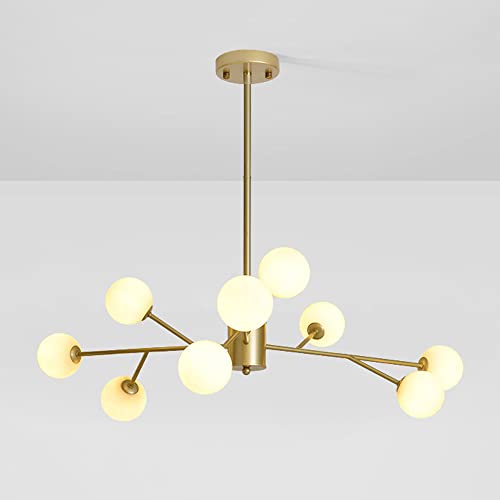 Wmmner Kronleuchter 9-Flammige Goldene Sputnik-Pendelleuchte Mid Century Hängelampe Moderne Weiße Kugelglas-Deckenleuchte Für Esstisch, Schlafzimmer, Wohnzimmer Kronleuchter von Wmmner