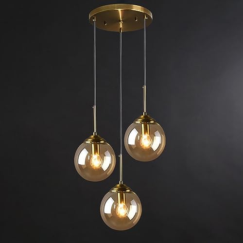 Wmmner Kronleuchter Cluster-Pendelleuchte 3-Flammige Cluster-Pendelleuchte, Glas-Pendelleuchten Für Kücheninsel, Globe Glass Mid Century Modern Hängeleuchte (Rauchgrau)/Bernstein von Wmmner