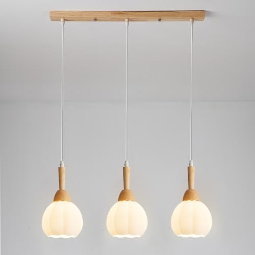 Wmmner Kronleuchter Moderne 3*Licht-Glas-Hängeleuchte, Glas-Hängeleuchte Für Kücheninsel, Holz-Hängeleuchte, Pendelleuchte Für Esszimmer (B, Rund)/Grauer Wolf/Lang von Wmmner