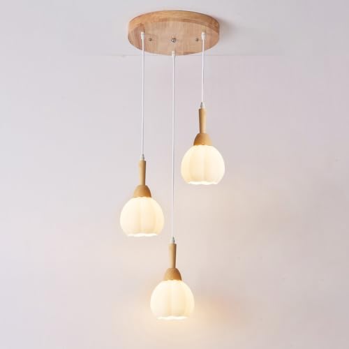 Wmmner Kronleuchter Moderne 3*Licht Glas Hängeleuchte, Glas Hängeleuchte Kücheninsel Leuchte Holz Droplight, Pendelleuchte Für Esszimmer (B, Rund)/Grauer Wolf/Rund von Wmmner