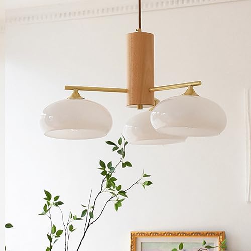 Wmmner Mid Century Modern Kronleuchter Holz Milchglas Deckenpendelleuchte Vintage Rustikal Hängelampe Große Runde Kronleuchter Im Landhausstil Für Esszimmer Wohnzimmer Schlafzimmer Küche Bar von Wmmner