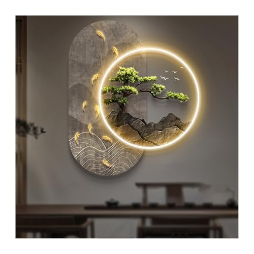 Wmmner Moderne Wandleuchte im Innenraum von Creative Oriental Landscape Mural Sconces Lamp LED, Welcome Pine Wall Hanginging For Home Hotel Bar Lobby (Grau, 75X90Cm/29.5X35.4in) (Grau 67X80Cm/ von Wmmner