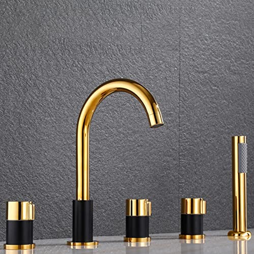 Wmmner Modernes 5-Loch-Bad-Mischer-Wasserhahn-Set Mit Ausziehbarer Handbrause Wasserfall-Badewannenarmatur Stilvolles Schwarz-Weiß-Design Für Luxus-Badewannen/Gold Und Schwarz von Wmmner