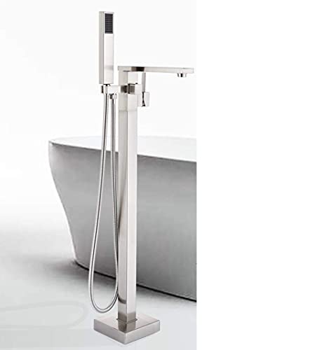Wmmner Schwarzer Badewannenbodenständer Fcet-Mischer - Hochdruck-Einhandgriffhahn Aus Messing Mit Langem Auslauf Und Handbrause, Gebürstetes Nickel-Finish - Moderne Bad-Duscharmatur von Wmmner