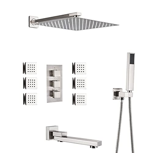 Wmmner Thermostat Duschsystem Gebürstetes Nickel, 10" Square Rainduschkopf Mit Handbrause, Wannenauslaufkörper-Jet-Set, Wandmontiertes Duscharmatur-Set von Wmmner