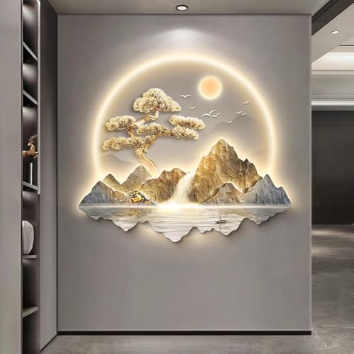 Wmmner Wanddekoration, chinesischer Stil, LED-Wandkunst, Zen-Wandkunst, Wand-Nachtlicht-Dekor, einladende Kiefernbaum-Wandlampe für Wohnzimmer, Eingang, Flur, 73 x 85 cm von Wmmner