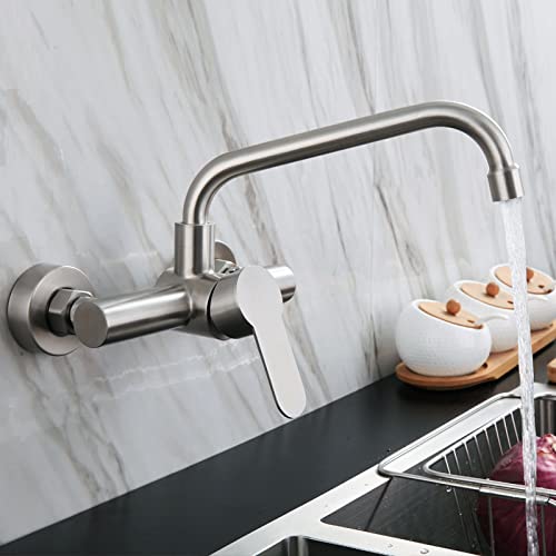 Wmmner Wandmontierter Küchenhahn Aus Gebürstetem Edelstahl, Spülenmischbatterie Mit Einem Griff, Heißes Und Kaltes Wasser, Stilvolle Wandhalterung Für Küchen von Wmmner