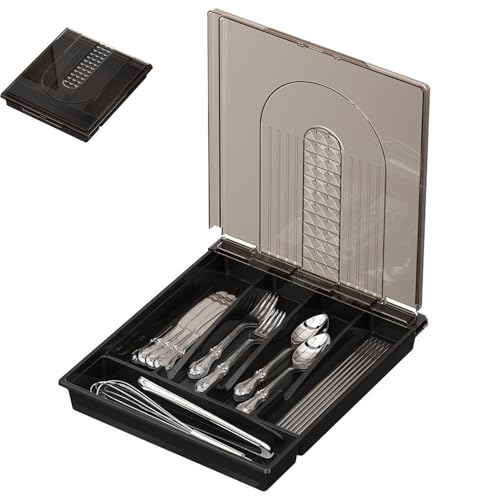 Wnddle Besteckkasten mit Deckel, Tragbar Besteck Aufbewahrung, Besteckkästen mit 6 Fächern, Küchen Organizer, Besteckaufbewahrung für Küchenschublade und Arbeitsplatte von Wnddle