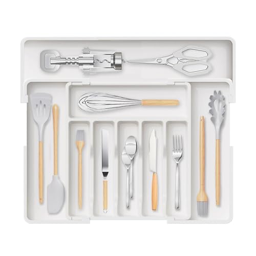 Wnddle Erweiterbarer Besteckkasten für Schubladen, Schubladen Organizer, Besteckkasten für Schubladen, Verstellbarer Schubladeneinsatz Besteckeinsatz, Küchen Organizer, für Löffel/Gabeln (Weiß) von Wnddle