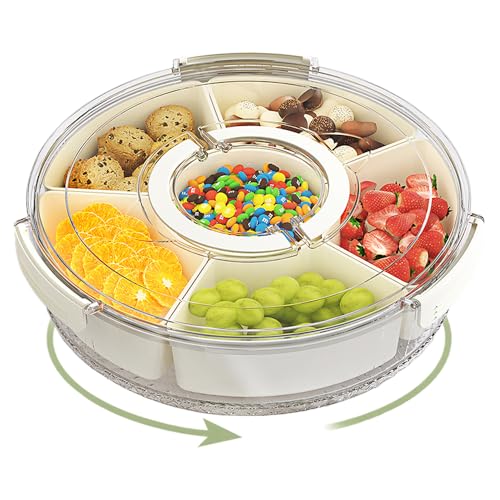 Wnddle Snackbox mit Fächern Groß, Rund Snackbox Drehbar mit Deckel und Griff, Snackdose Organizer Große Snack Aufbewahrungsbox Drehbar Box für Snacks Süßigkeiten Nüsse Obst Gewürze von Wnddle