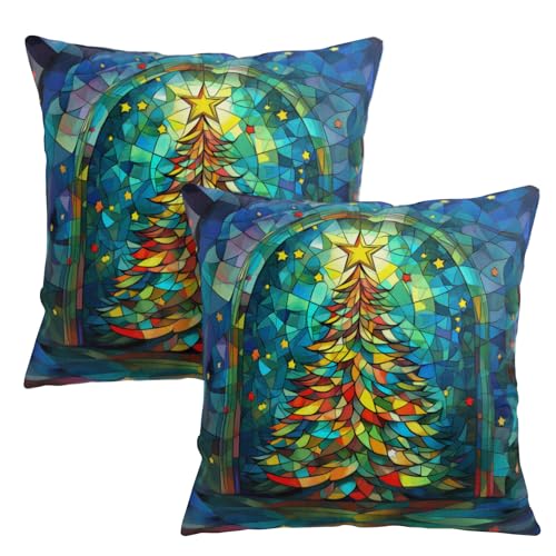 Wnoesat Weihnachts-Kissenbezüge, 45,7 x 45,7 cm, Set mit 2 bunten Weihnachtsbaum-Kissenbezügen, Buntglas-Stil, Neujahrskissenbezüge für Winter, Bauernhaus, Wohnzimmer-Dekoration Wnoesat Weihnachts-Kissenbezüge, 45,7 x 45,7 cm, Set mit 2 bunten Weihnachtsbaum-Kissenbezügen, Buntglas-Stil, Neujahrskissenbezüge für Winter, Bauernhaus, Wohnzimmer-Dekoration von Wnoesat